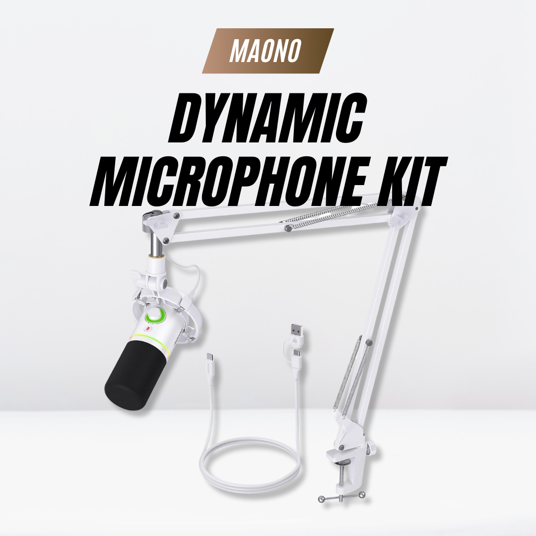 MAONO XLR/USB Dynamic Microphone Kit, RGB Podcast Mic with Software, Mute, Gain Knob, Volume Control, Boom Arm for Streaming, Gaming, Voice-Over, Recording-PD200XS White